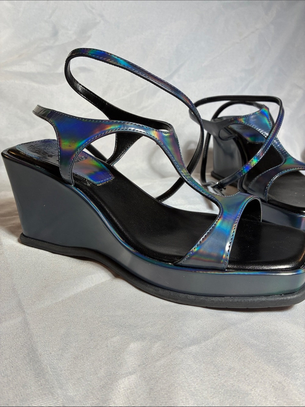 Vince Camuto Iridescent Strappy Wedge Sandals - Black Footbed